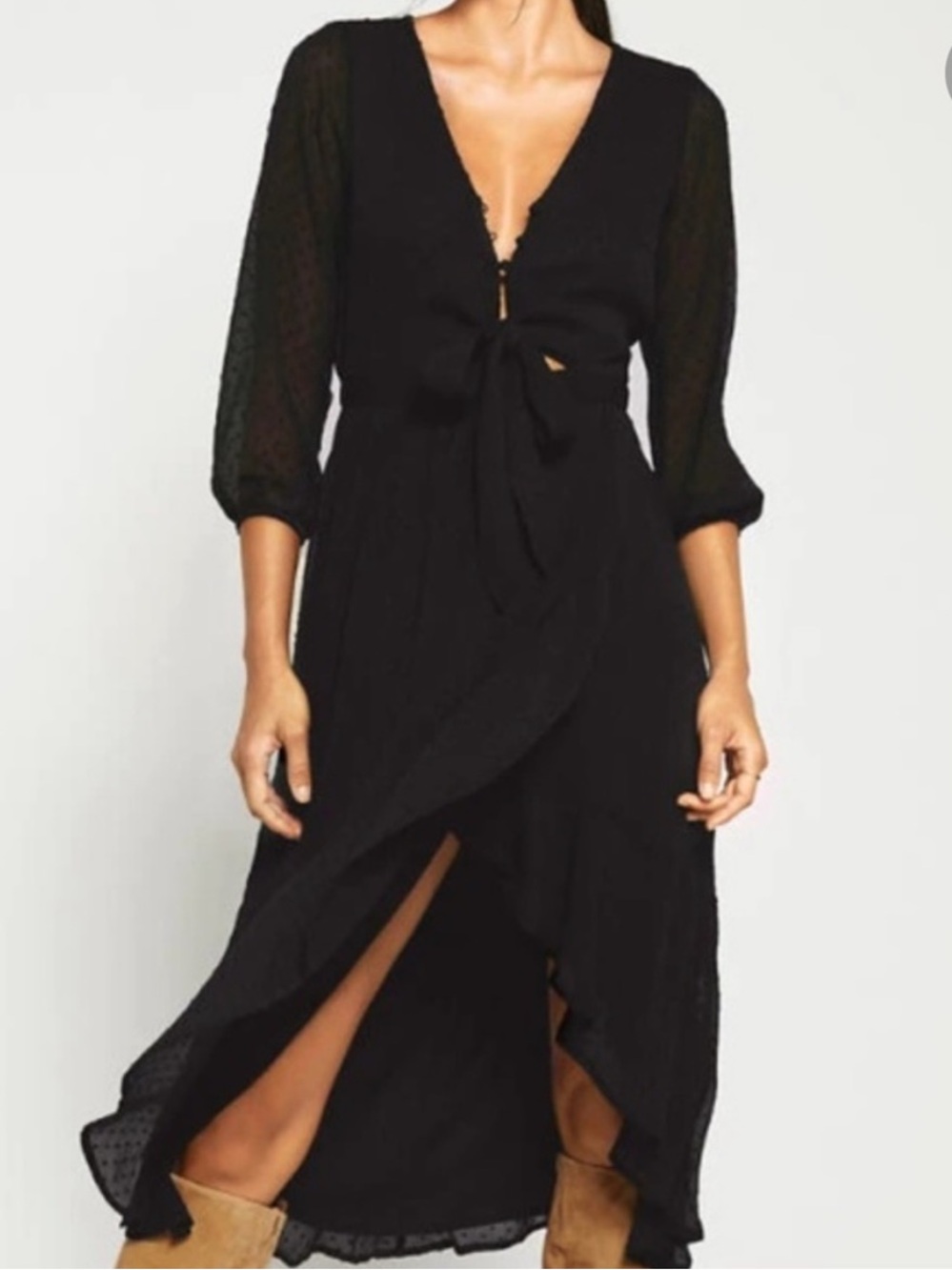 Abercrombie & Fitch Black V-Neck Tie-Front High-Low Maxi Dress